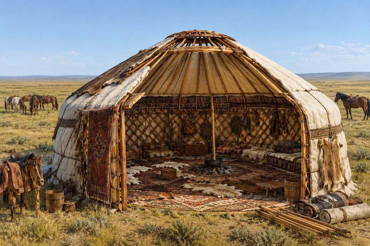 A felt-covered yurt on a wooden lattice frame standing on open grassland