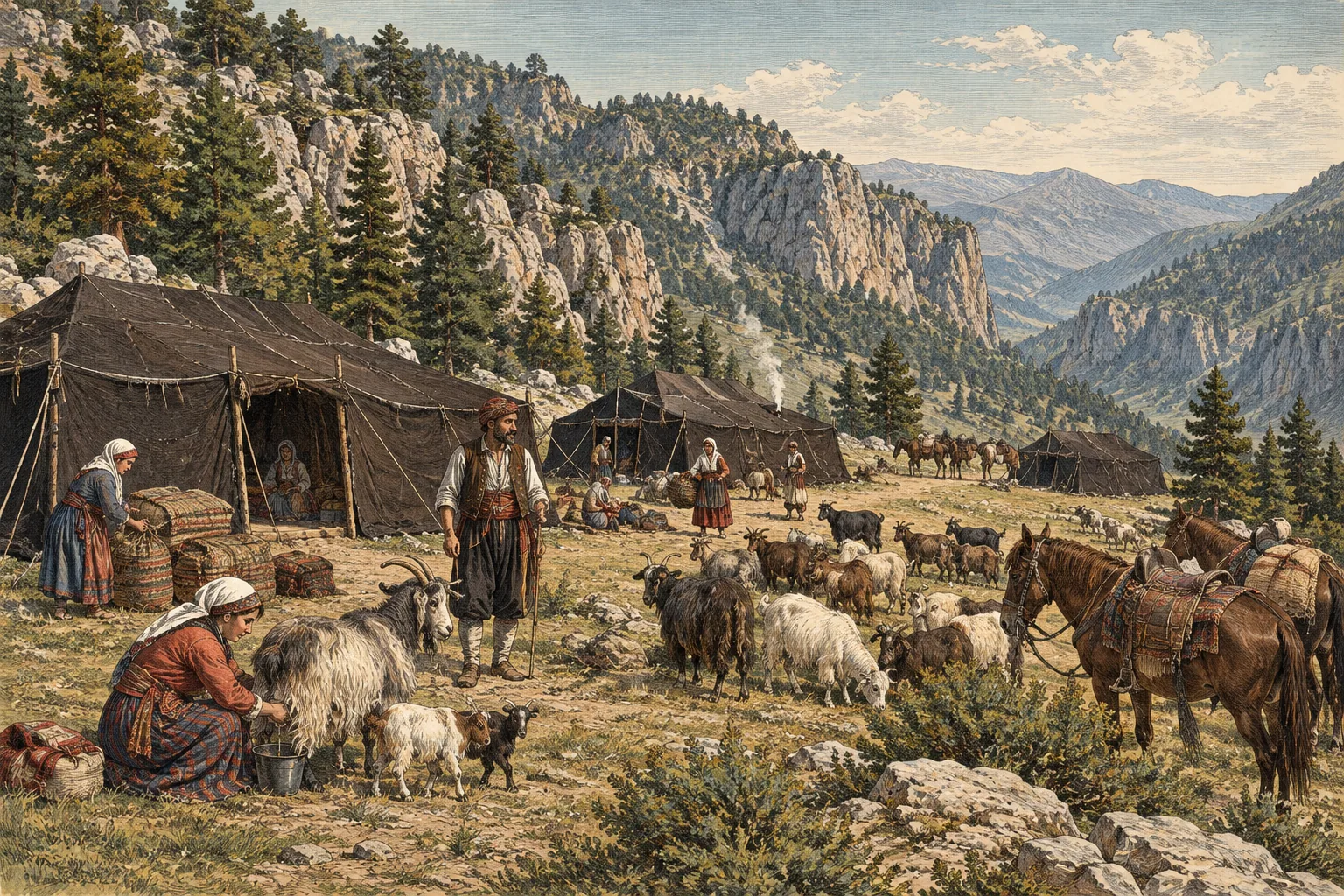 A Yörük semi-nomadic camp with tents and grazing goats in the Taurus Mountains